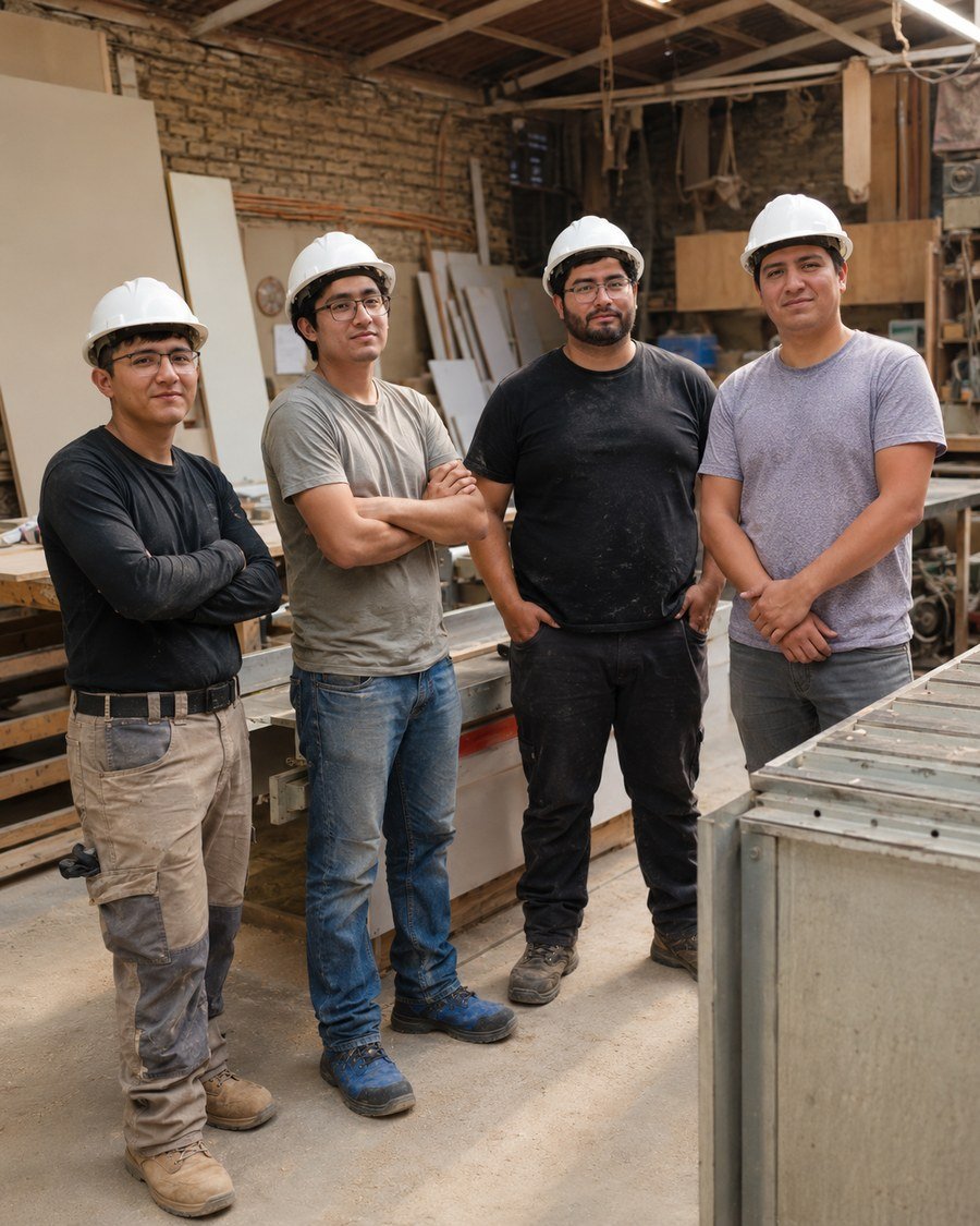Equipo de constructores CREA Arquitectura en taller con casco